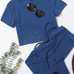 NWOT Solid Blue Rib-Knit Tee & Tie Waist Pants Set Size 4/6